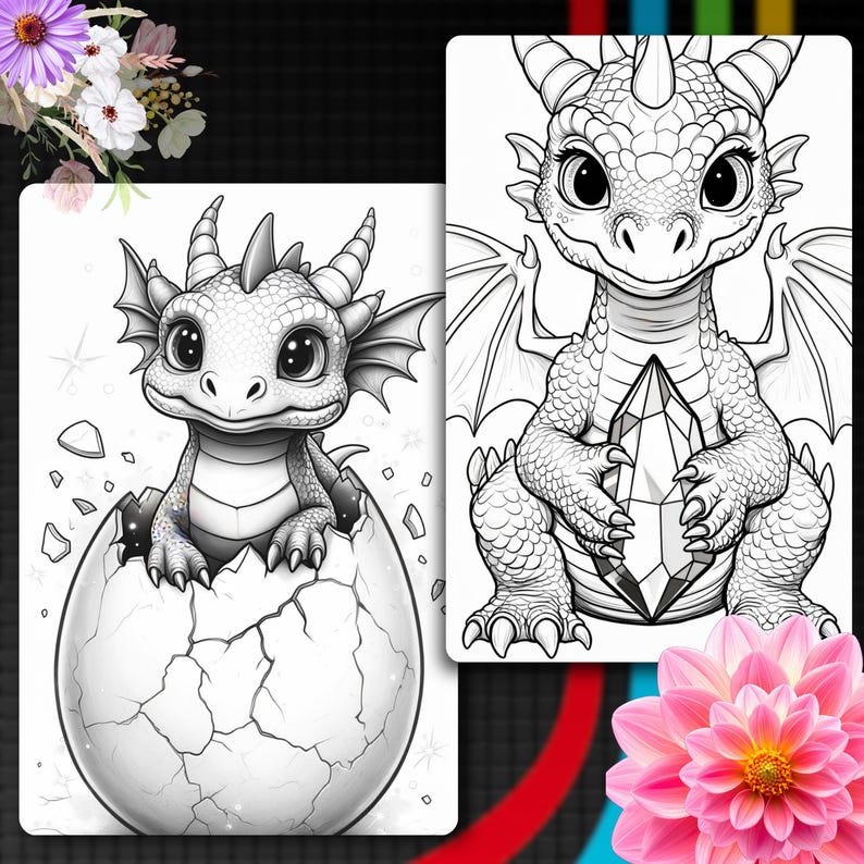 May include: Two black and white line art illustrations featuring a baby dragon. One image shows a dragon hatching from a cracked egg, while the other depicts a dragon holding a large, faceted crystal. Both drawings feature detailed scales.