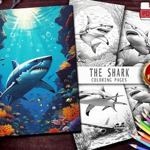 25 Shark Coloring Pages – Adult & Kids Coloring Book | Ocean Animal Grayscale Coloring Sheets | Instant Digital Download  | Printable PDF.