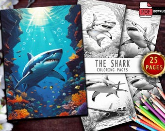 Shark Coloring Book: 25 Ocean Animal Grayscale Pages (Printable PDF)