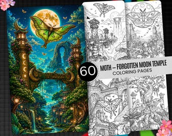 60 Moth Moon Temple Coloring Pages, Gothic Fantasy Printable (Digital Download)