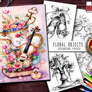 Puede incluir: Un conjunto de 50 páginas para colorear con objetos florales. Las páginas incluyen un violín, una taza de té, una vela, zapatos de ballet y gafas. Las páginas son en blanco y negro y están listas para ser coloreadas.