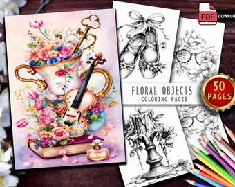 Kleurboek bloemenobject: 50 grijswaarden kleurplaten (afdrukbare pdf)