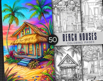 Beach House Coloring Pages: 25 Coastal Cottage Grayscale Designs (PDF)