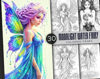 Målarbok med månskensvattenfeer | 30 fantasisidor (utskrivbar PDF)