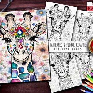 30 Floral Giraffe Coloring Pages: Grayscale Art (PDF)