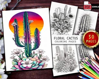 50 Cactus Coloring Pages - Printable PDF & PNG Files - Relaxing Digital Art