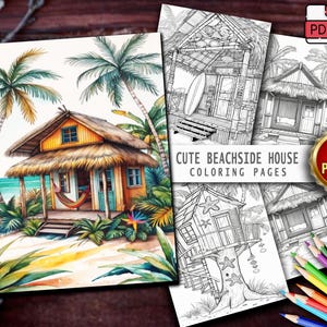 25 Cute Beachside House Coloring Pages – Coastal Cottage Grayscale Art | Adults & Kids Printable Coloring Book | Instant Download PDF