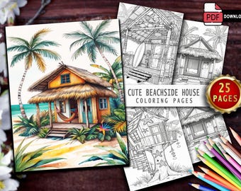 Kleurplaten strandhuis: 25 grijswaardenontwerp kusthuisje (pdf)