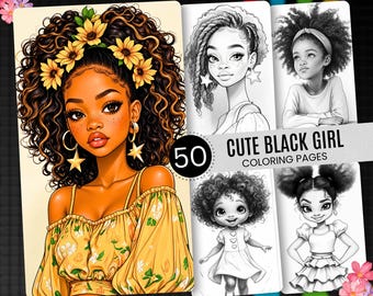 May include: A digital colouring book cover featuring a colourful illustration of a girl with curly hair adorned with sunflowers, wearing a yellow floral top and star earrings. Beside her are four black and white sketches of girls with the text 50 CUTE BLACK GIRL COLOURING PAGES.