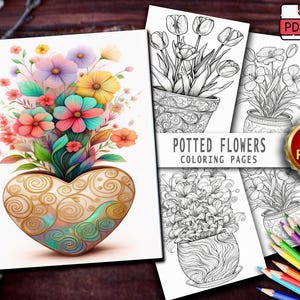 50 Potted Flowers Coloring Pages - Printable Floral Coloring Book for Adults & Kids, Relaxing Greyscale Art, Instant Digital Download PDF