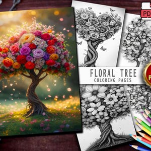 May include: A vibrant image features a colorful floral tree illustration, with a variety of flowers in shades of red, pink, and yellow. Next to it are black and white coloring pages with floral tree designs. The text "FLORAL TREE COLORING PAGES" is visible.