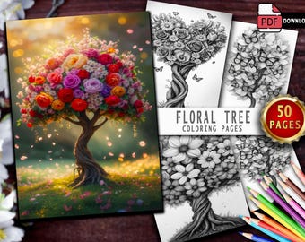 50 Floral Tree Coloring Pages: Grayscale Adult Coloring Book (PDF)