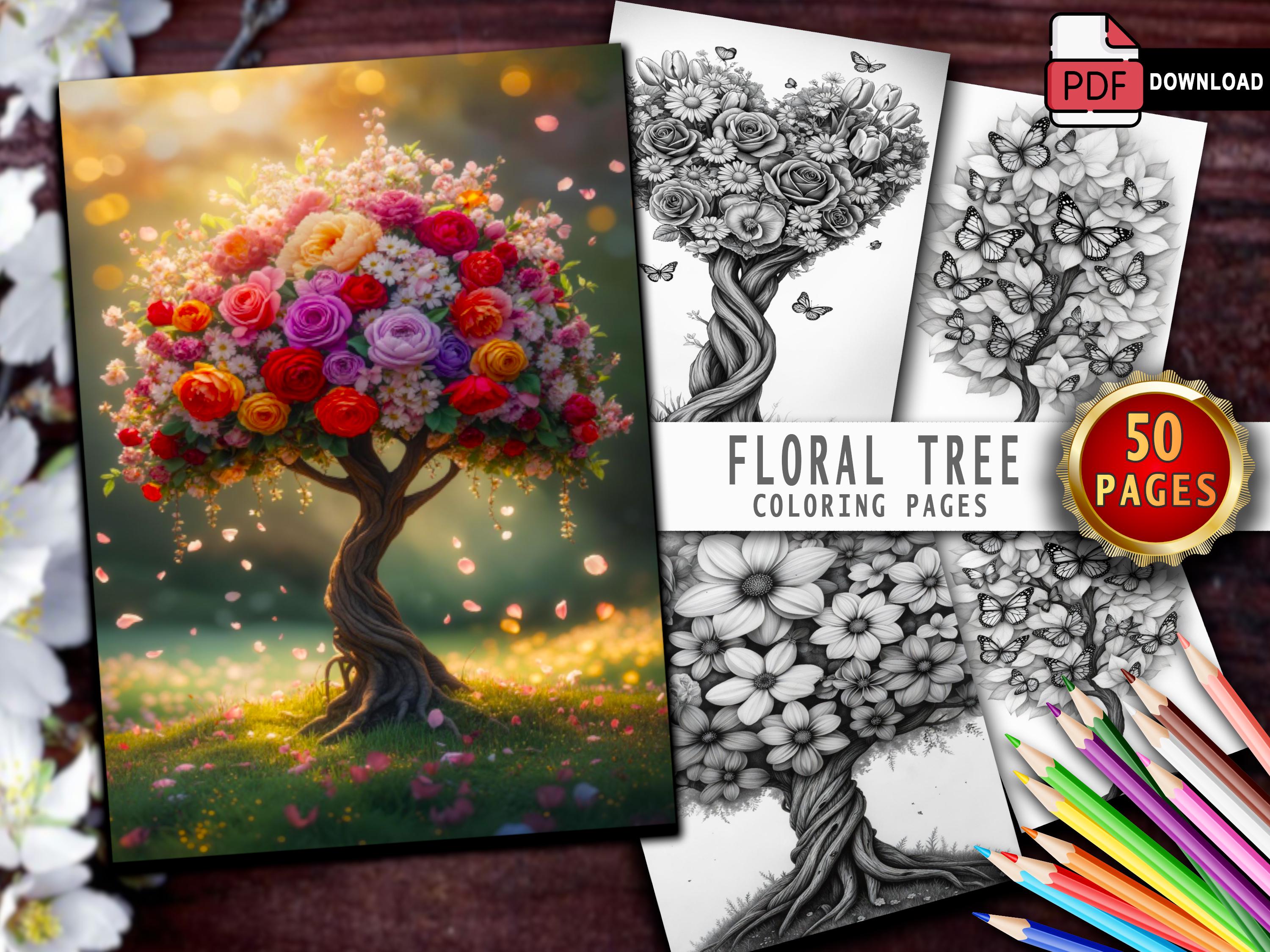 50 Floral Tree Coloring Pages: Grayscale Adult Coloring Book (PDF) - Etsy
