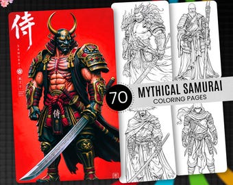 70 Mythical Samurai Coloring Pages, Japanese Fantasy Warriors (Digital Download)