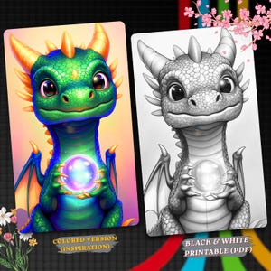 May include: A digital illustration featuring two versions of a baby dragon holding a glowing orb. The left side shows a vibrant green dragon with orange horns, while the right side displays a black and white line art version for coloring.