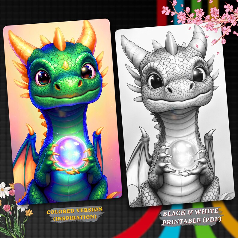 May include: A digital illustration featuring two versions of a baby dragon holding a glowing orb. The left side shows a vibrant green dragon with orange horns, while the right side displays a black and white line art version for coloring.