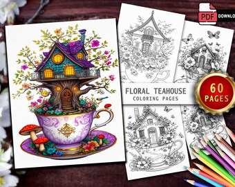 60 Floral Teacup Houses Grayscale Coloring Book: Fantasy Designs (PDF)
