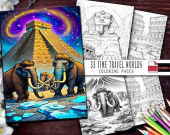 35 Time Travel Fantasy Coloring Pages, Grayscale Worlds, Printable PDF (Instant Download)