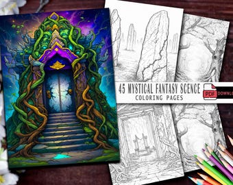 45 Mystical Fantasy Scenery Coloring Pages, Grayscale Landscapes for Adults, Kids (PDF Download)