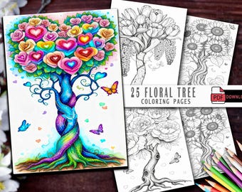 25 Floral Tree Grayscale Coloring Pages, Botanical Art (PDF Download)