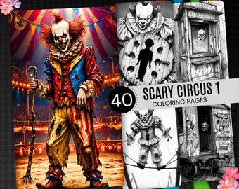 Può includere: Una collezione digitale di 40 pagine da colorare Scary Circus 1 con un clown colorato in un circo e illustrazioni in bianco e nero di un clown, una biglietteria, un bersaglio per il lancio di coltelli e un vagone del circo con poster.