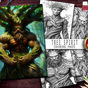 May include: A digital art print of a tree spirit with a muscular physique and green glowing eyes. The image is next to a set of black and white coloring pages with the text "TREE SPIRIT COLORING PAGES" and a "40 PAGES" badge.