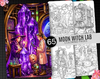 65 Moon Witch Lab Coloring Pages, Magical Fantasy Halloween Printable (PDF)