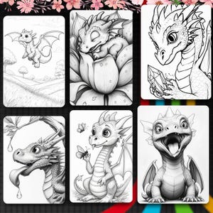 May include: A collection of six black and white line art illustrations featuring baby dragons in various scenes, including a dragon flying over a landscape, sleeping in a flower, holding a crystal, sticking out its tongue, interacting with butterflies, and smiling.