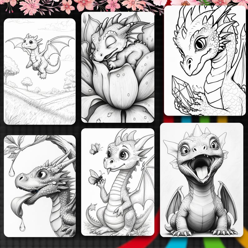 May include: A collection of six black and white line art illustrations featuring baby dragons in various scenes, including a dragon flying over a landscape, sleeping in a flower, holding a crystal, sticking out its tongue, interacting with butterflies, and smiling.