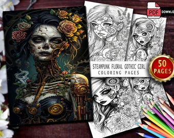 Steampunk Gothic Girl kleurboek: 50 bloemen grijstinten pagina's (digitale download)