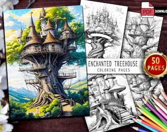 50 Enchanted Treehouse Coloring Book: Grayscale Pages (Printable PDF File)