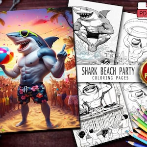 25 Shark Beach Party Coloring Pages – Adult & Kids Coloring Book | Ocean Animal Grayscale Coloring Sheets | Printable PDF.