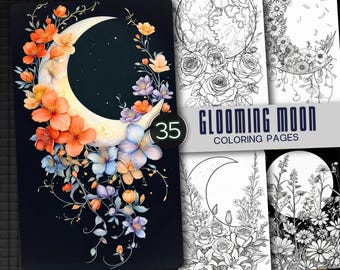 Glooming Moon Coloring Book | 35 Celestial Floral Designs (PDF Pattern)