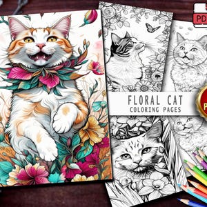 50 Floral Cat Coloring Pages: High-Resolution JPG (Digital Download)