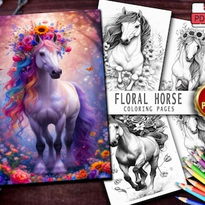50 Floral Horse Coloring Pages - Instant PDF Digital Download, Printable Adult Coloring Sheets, Horses and Flowers.