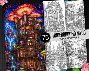75 Underground Myco Coloring Pages, Mushroom Fantasy World (Digital Download)