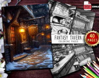 Fantasy Tavern Coloring Book | 40 Grayscale Medieval Scenes (PDF Pattern)