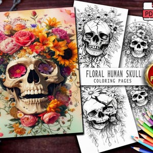 50 Floral Human Skull Coloring Pages – Printable PDF for Adults and Kids | Instant Download | Grayscale Digital Coloring Book