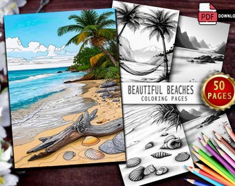 50 pagine da colorare sulla spiaggia in scala di grigi: arte marinara per adulti (download digitale PDF)