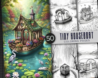 May include: A collection of 50 tiny houseboat coloring pages featuring a large, colorful illustration of a house on a boat surrounded by water lilies and herons, alongside four black and white line art designs of various floating dwellings.