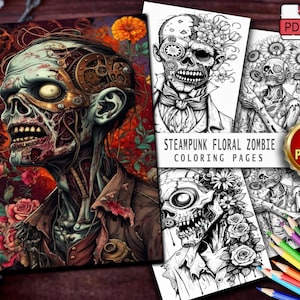 50 Floral Zombie Coloring Pages - Adults & Kids Coloring Book, Grayscale Coloring Sheets, Instant Download, Printable PDF File