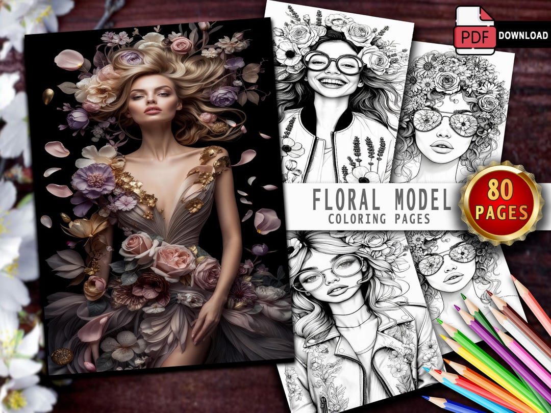 Model Color Book Floral Model Coloring Book: 80 Printable Pages for Adults & Kids (PDF ...