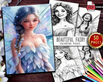 50 Fairy Coloring Pages: Grayscale Fantasy Art for Adults (Digital Download)