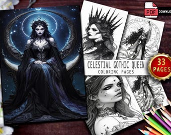Celestial Gothic Queen Kleurboek | Donkere fantasiekunst (afdrukbare pdf)