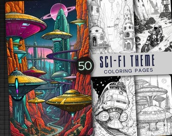 Sci-Fi Coloring Book, 50 Grayscale Pages, Adults & Kids (Printable PDF, Instant Download)
