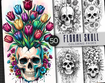 50 kolorowanek z kwiatowymi czaszkami: ilustracje w skali szarości (do pobrania w formacie PDF)