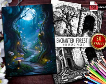 Enchanted Forest Coloring Book: 50+ Grayscale Magical Scenes (PDF Download)