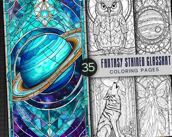 35 Fantasy Stained Glass Coloring Pages, Mythical Creatures, Magical Art (Digital Download)