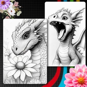 May include: Two black and white line art illustrations of a small dragon. One dragon is positioned next to a large daisy flower, while the other dragon is depicted with its mouth wide open, showing its tongue and teeth in a playful expression.