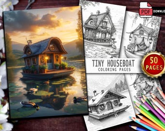Tiny Houseboat Coloring Book: 50 Grayscale Seascape Pages (Digital Download)